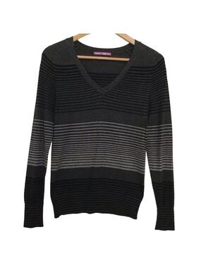 Y2k V-neck soft knit sweater small striped grey tones smart Set small